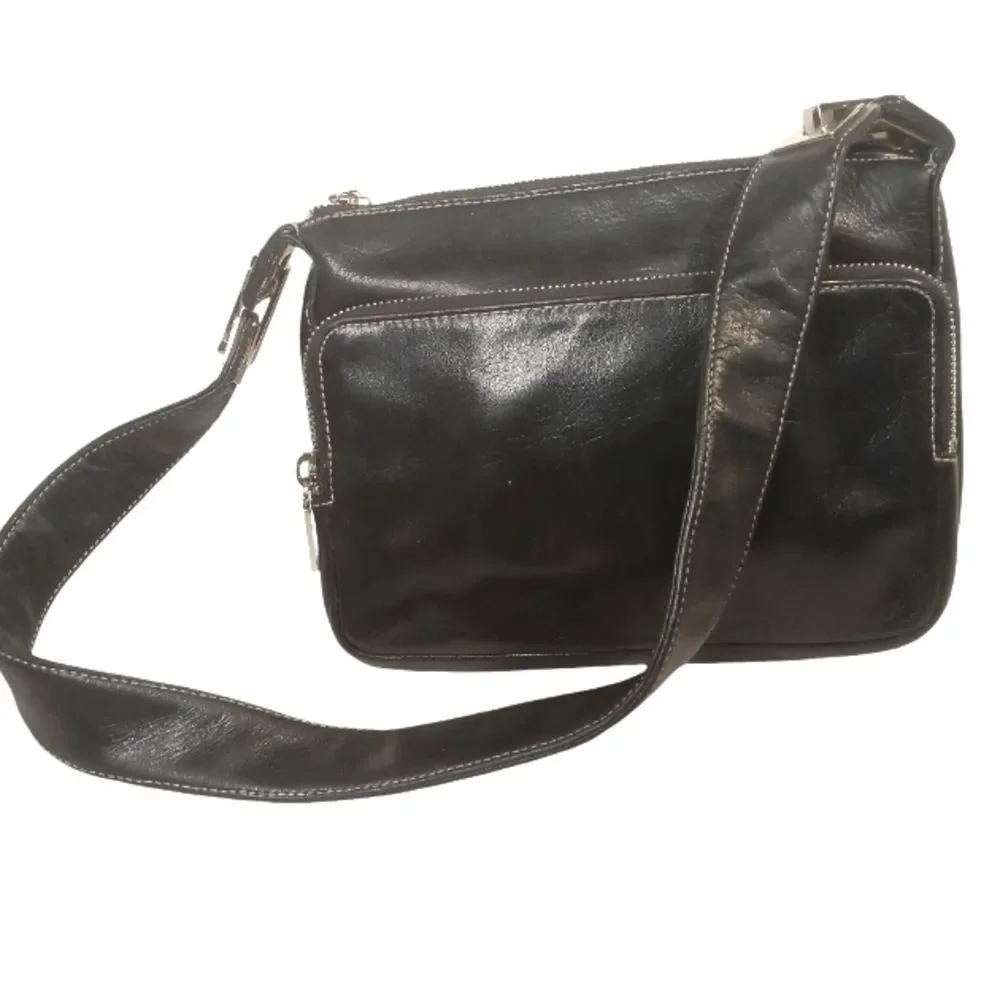 Vintage Perlina Black Leather Shoulder Bag Handbag Purse